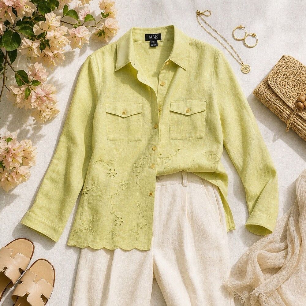 Linen Embroidered Button Shirt Jacket Shacket Green Floral Boho Spring Cooling
